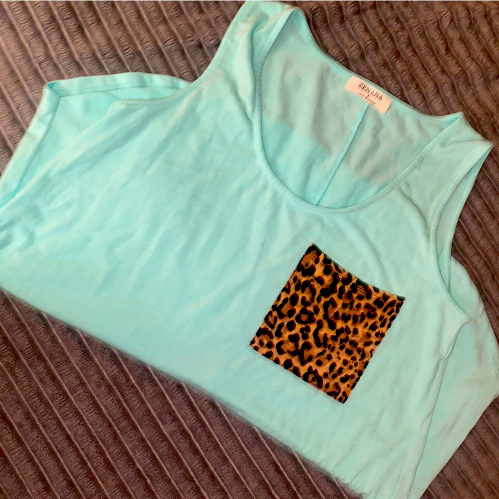 NWOT Women’s Light Blue Boutique Tank + Cheetah Pocket
